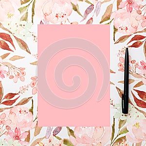 Pink paper and pen on pastel watercolor flowers background. Invitation, floral, birthday, Mother`s, Valentines, Women`s, Wedding D