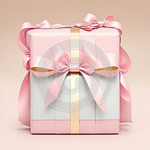 Pink paper and ribbon wrapped present.