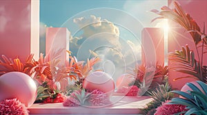 Pink paradise. Pink flowers, rocks, and waterfalls in the magical landscape. 3D rendering.