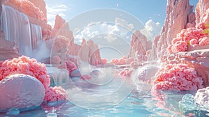 Pink paradise. Pink flowers, rocks, and waterfalls in the magical landscape. 3D rendering.