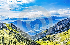Pink Parasail Rock Cliffs Pastures Climbing Mount Pilatus Lucerne Switzerland