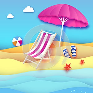 Pink parasol - umbrella in paper cut style. Pink Chaise lounge. Origami sea and beach. Sport ball game. Flipflops shoes