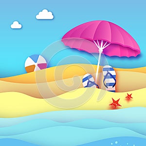 Pink parasol - umbrella in paper cut style. Origami sea and beach. Sport ball game. Flipflops shoes. Vacation and travel