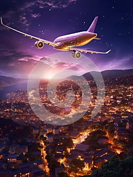 Pink passenger airplane flies in purple sky over the twilight city. Concept of airline companies, travel, plane transportation,