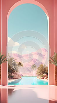 Pink pastel mystical dream island mountain background phone hd wallpaper, ai generated