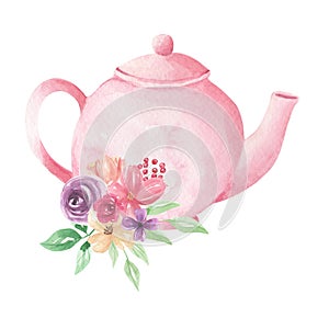Pink Pastel Teapot Flowers Watercolor Foliage Afternoon Tea Floral Arrangement photo