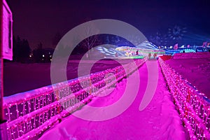 The pink path in the China`s snow town