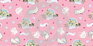 Pink pattern with dove, chappel and heart