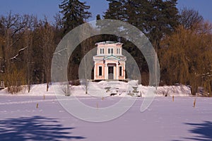 Pink Pavilion on Island of Love in arboretum Sofievka