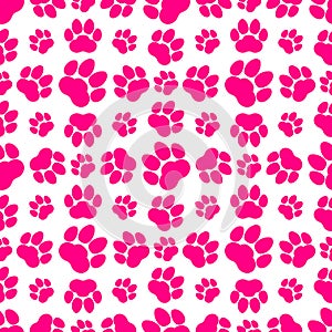 Pink paw print seamless repeating background pattern. Cat or dog footprints. Vector illustration.