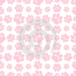 Pink paw print seamless repeating background pattern. Cat or dog footprints. Vector illustration.