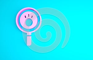 Pink Paw search icon isolated on blue background. Magnifying glass with animal footprints. Minimalism concept. 3d