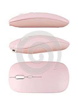 Pink PC wireless mouse three views set isolated with clipping path