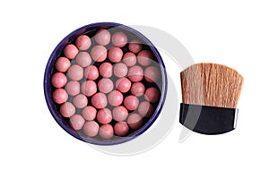 Pink pearl blush balls in blue box with makeup brush