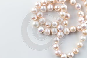 Pink pearl necklace isolated on white background - top view photo of beautiful real pink pearls