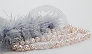 Pink pearl strand and blue grey feathers on white backg