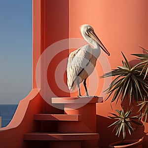 Pink pelican, wingspan over water. Beautiful large bird close up.