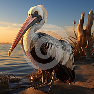 Pink pelican, wingspan over water. Beautiful large bird close up.