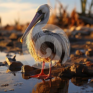 Pink pelican, wingspan over water. Beautiful large bird close up.