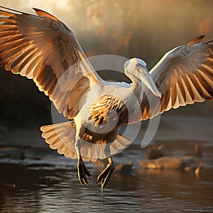 Pink pelican, wingspan over water. Beautiful large bird close up.