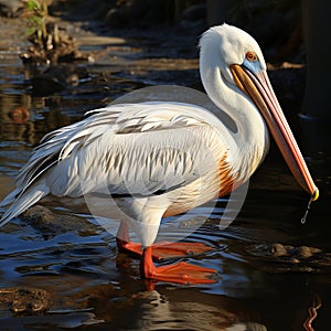 Pink pelican, wingspan over water. Beautiful large bird close up.