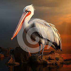 Pink pelican, wingspan over water. Beautiful large bird close up.