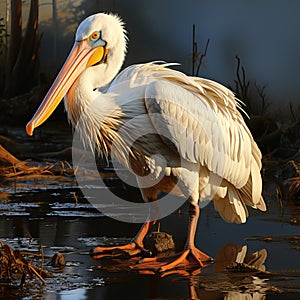 Pink pelican, wingspan over water. Beautiful large bird close up.