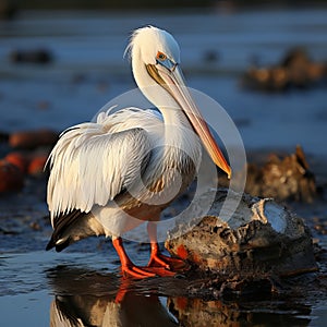 Pink pelican, wingspan over water. Beautiful large bird close up.