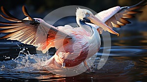 Pink pelican, wingspan over water. Beautiful large bird close up.