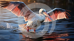 Pink pelican, wingspan over water. Beautiful large bird close up.