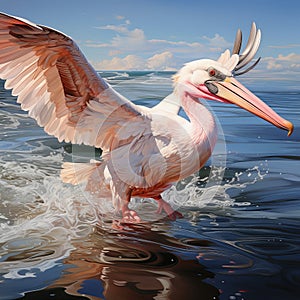 Pink pelican, wingspan over water. Beautiful large bird close up.