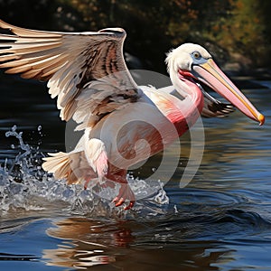 Pink pelican, wingspan over water. Beautiful large bird close up.