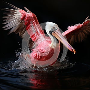 Pink pelican, wingspan over water. Beautiful large bird close up.