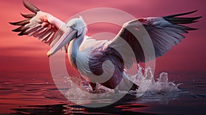 Pink pelican, wingspan over water. Beautiful large bird close up.