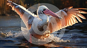 Pink pelican, wingspan over water. Beautiful large bird close up.