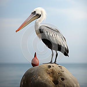 Pink pelican, wingspan over water. Beautiful large bird close up.