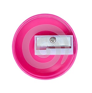 Pink pencil sharpener rectangle shape in a circle  isolated on white background with clipping path , top view
