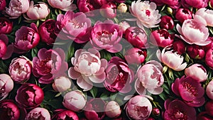 Pink peonies background. Floral wallpaper. Top view.