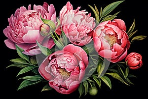 pink peonies on a black background