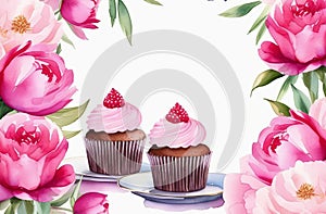 Pink peonies with cupcakes on white