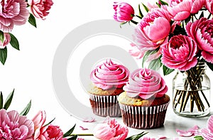 Pink peonies with cupcakes on white
