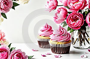 Pink peonies with cupcakes on white