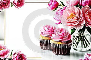 Pink peonies with cupcakes on white