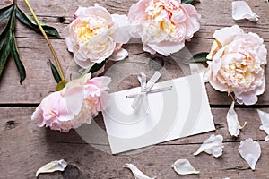 Pink peonies flowers and empty tag on aged wooden background.