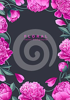 Vertical background with floral frame from inflorescences of pink peony, petals, leaves and stems. photo