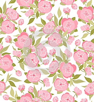 Pink peonies with green leaves vector seamless pattern on the white background. Romantic garden flowers illustration. Faded colors