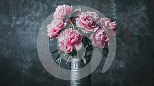 Pink peonies in a metal vase against a dark background