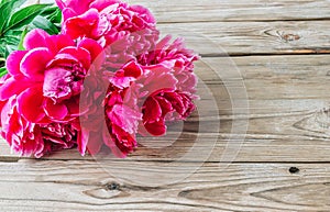 Pink peonies on a rustic wooden background