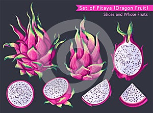 Tropical fruit set. Dragon fruit, Pitaya, Hylocereus undatus.