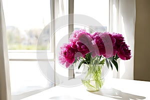 Pink peonies in transparent round vase on empty table in sunlight from window, AI